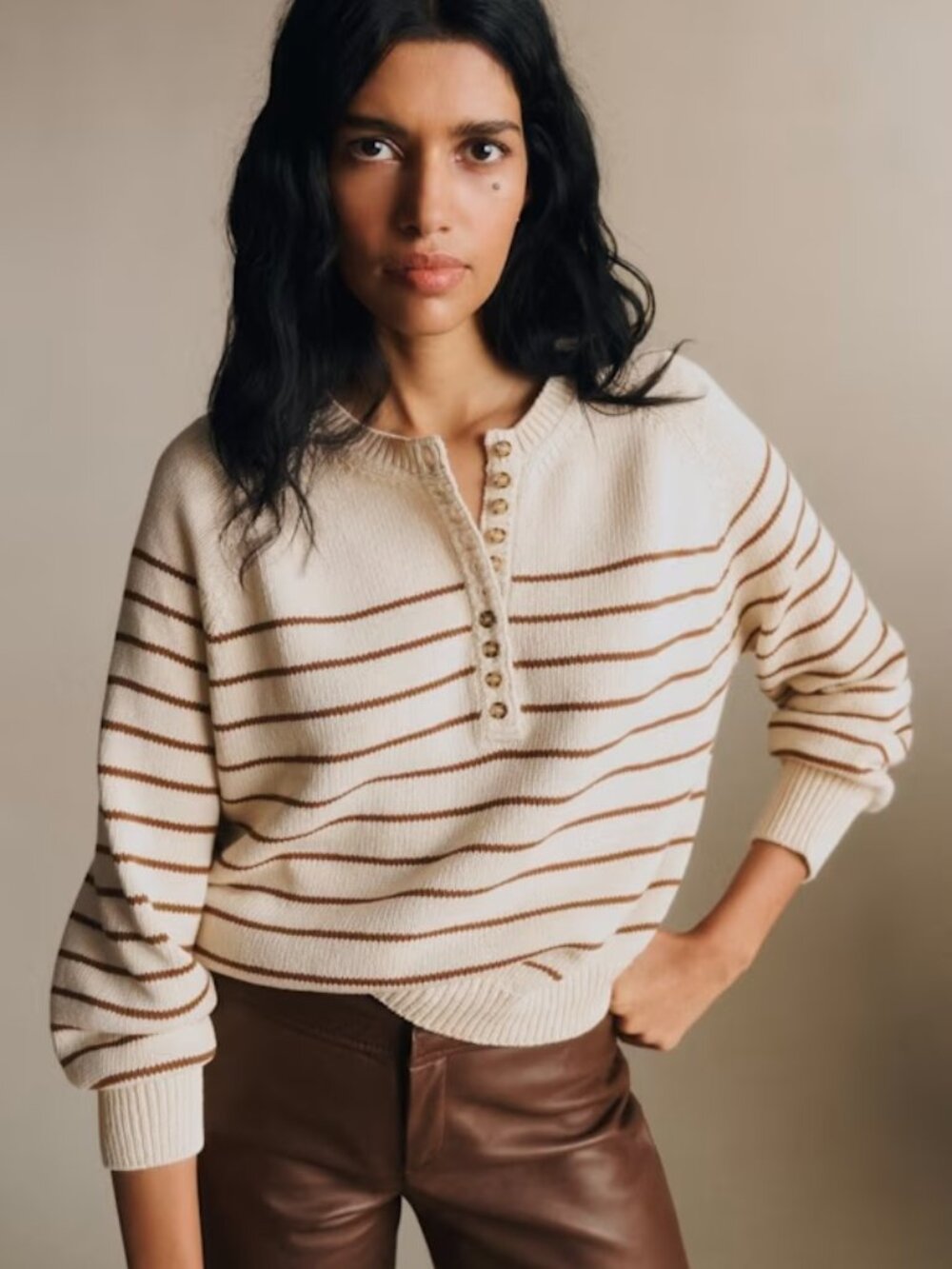 Sezane Léontine Jumper Ecru / Camel - Size S